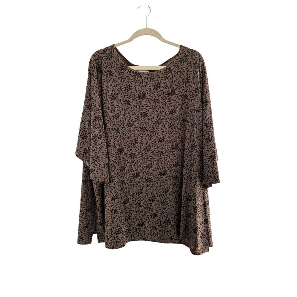 Christie & Jill Womens 5X Brown & Black Floral Tunic Top 3/4‎ Sleeves Boxy Flowy